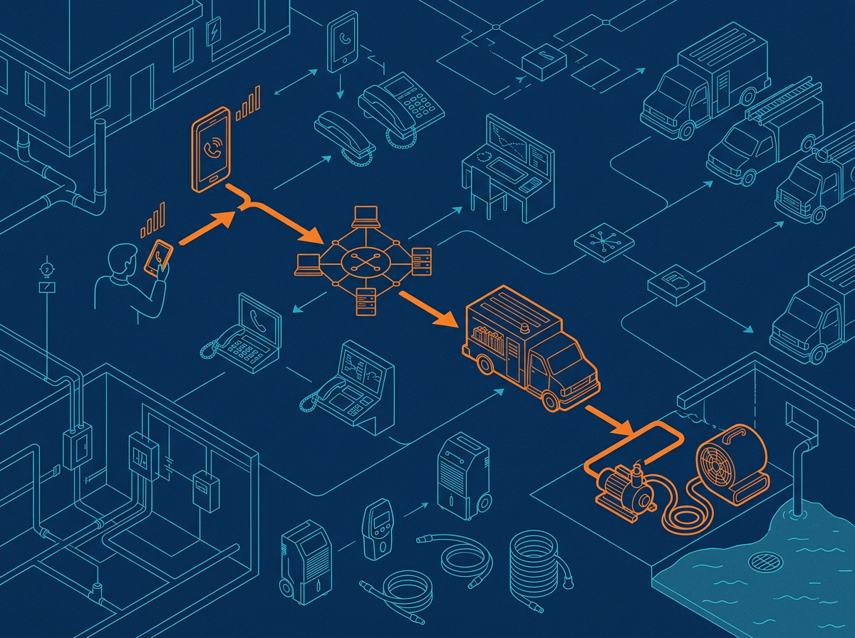 Illustration of emergency water cleanup equipment and response steps